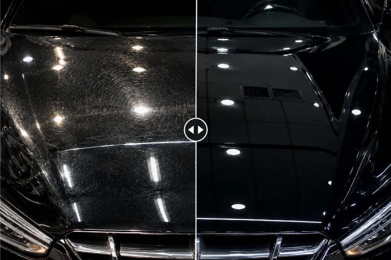 Before and after paint correction showing swirl mark removal and restored mirror-like gloss on a black vehicle's hood through professional auto detailing.