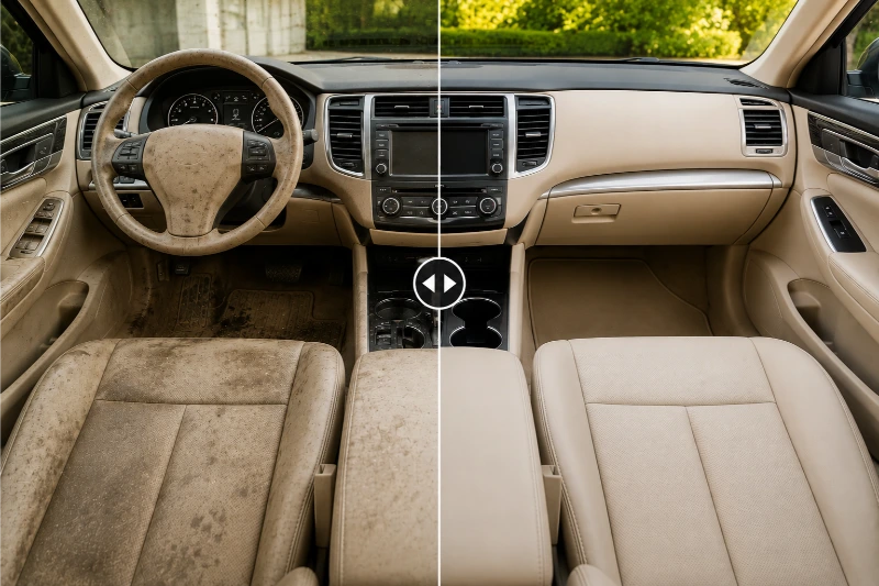 Before and after interior car detailing showing removal of dirt, stains, and grime from seats, dashboard, steering wheel, and carpets for a clean, like-new interior.