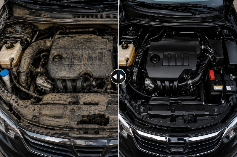 Before and after engine bay detailing showing removal of dirt, grease, and grime to restore a clean, professional-looking engine compartment.