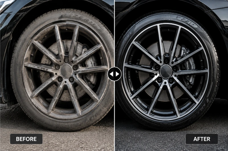 Before and after wheel and tire detailing showing brake dust removal, deep wheel cleaning, and restored glossy black tires with a like-new finish.