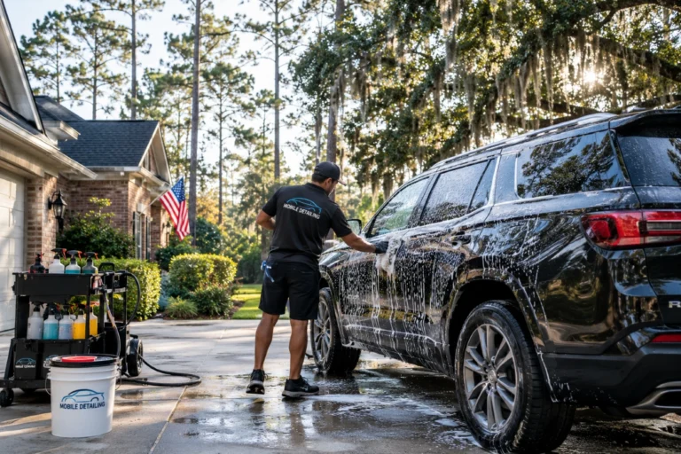 Mobile detailer hand washing a black SUV in a Summerville driveway under pine trees and live oaks