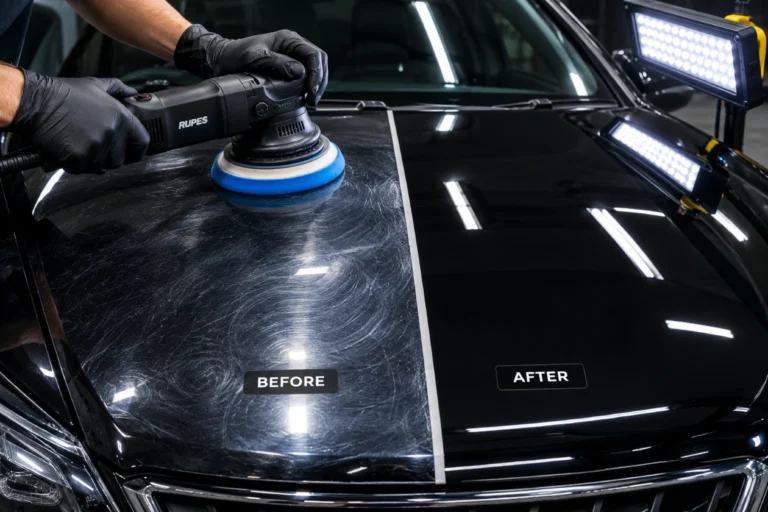 Dual action polisher removing swirl marks from a black car hood, before and after example