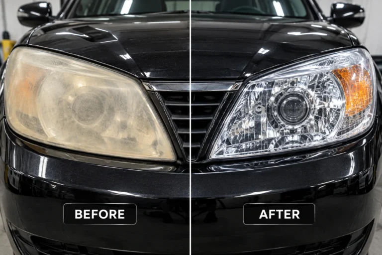 Yellowed foggy headlight next to a clear restored headlight