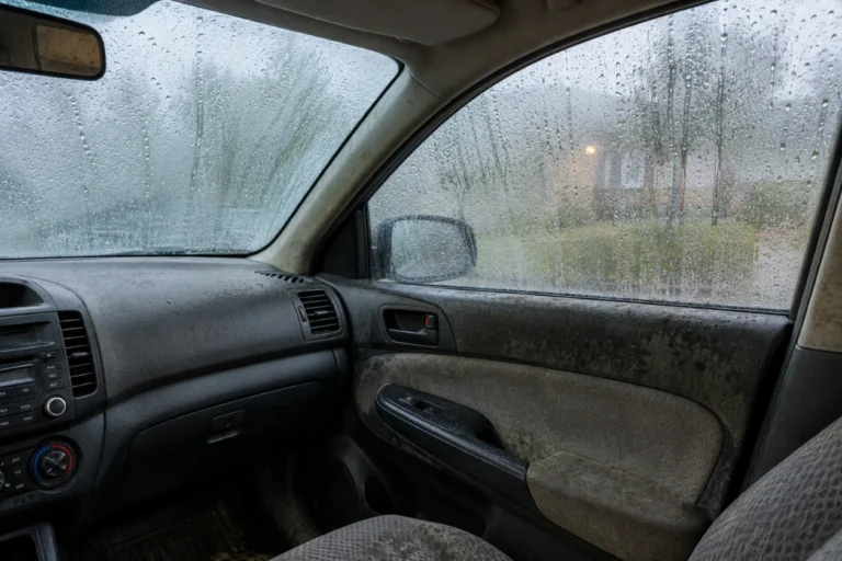 Damp car interior with condensation on the windows during a humid rainy day