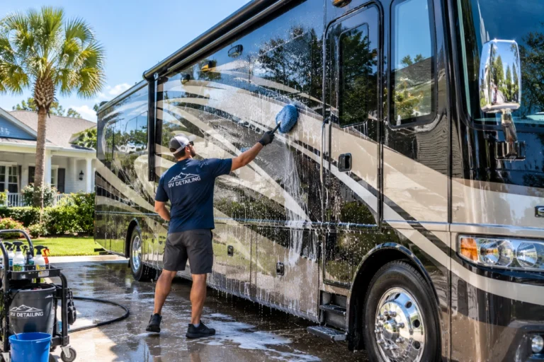 Detailer washing a large RV beside a Southern home