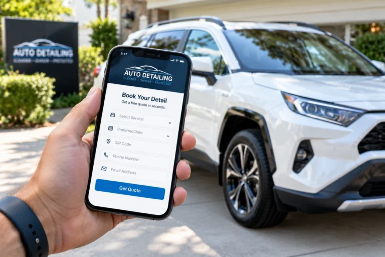 Customer holding a phone with a car detailing quote form next to a clean white SUV