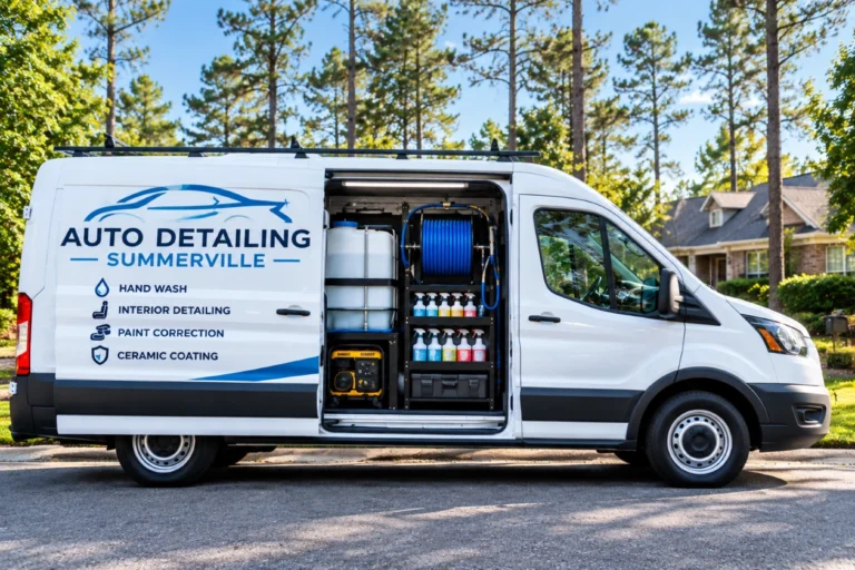 Mobile detailing van with its own water tank and equipment parked in a Summerville, SC neighborhood