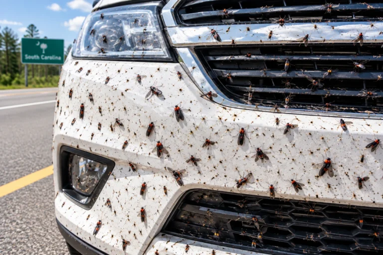 Lovebugs on the front bumper of a white car in South Carolina