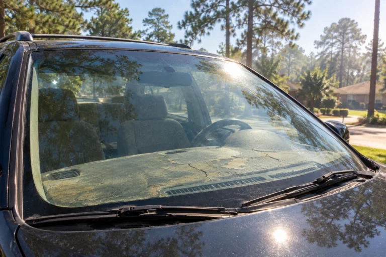Sun faded and cracked dashboard seen through the windshield of a car parked under Summerville pines
