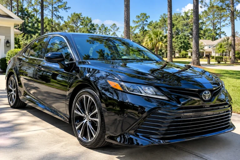 Clean black sedan parked in a Summerville driveway under tall pines