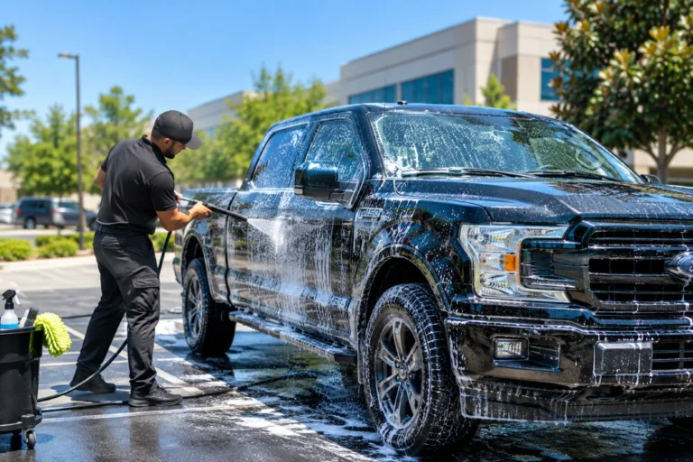 Detailer washing a work pickup truck in a Summerville office parking lot