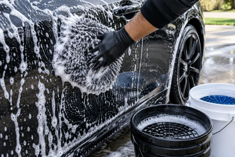 Foam mitt washing a black car door beside two wash buckets