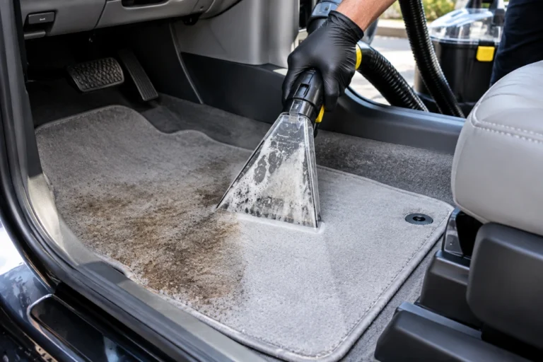 Hot water extractor lifting a stain from a gray car floor mat during interior detailing