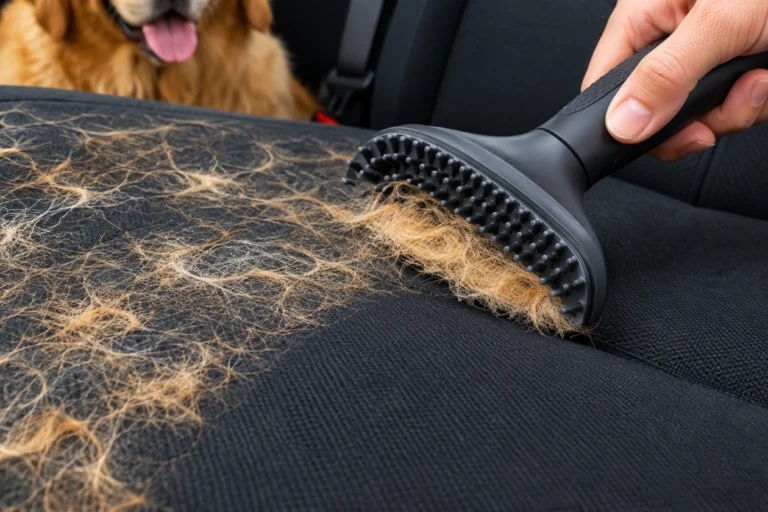 Rubber pet hair brush pulling golden dog hair off a black fabric car seat