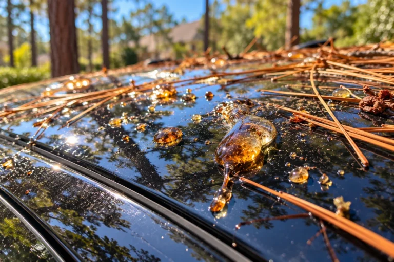 Pine sap and needles on the roof of a dark car parked under pines