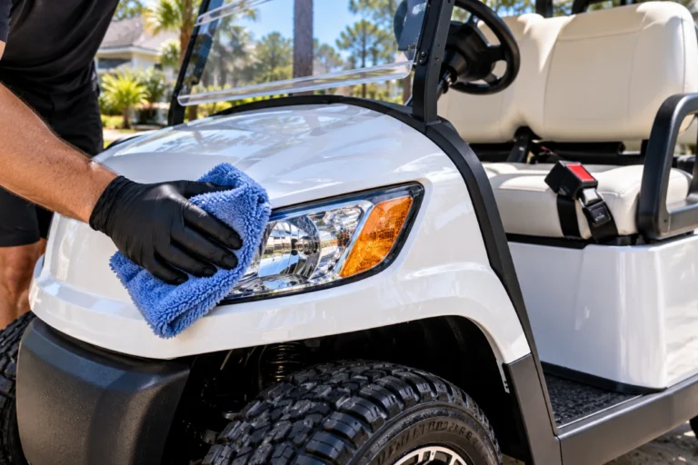 Detailer wiping the headlight of a white golf cart with a microfiber towel