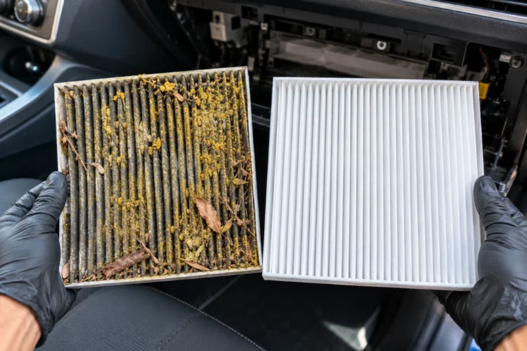 Dirty cabin air filter packed with pollen next to a clean new filter