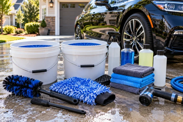 Home car wash kit with two buckets, a wash mitt, a wheel brush, towels and bottles