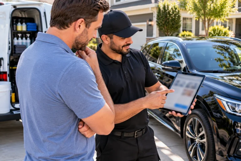 Detailer showing a customer a tablet beside a work van