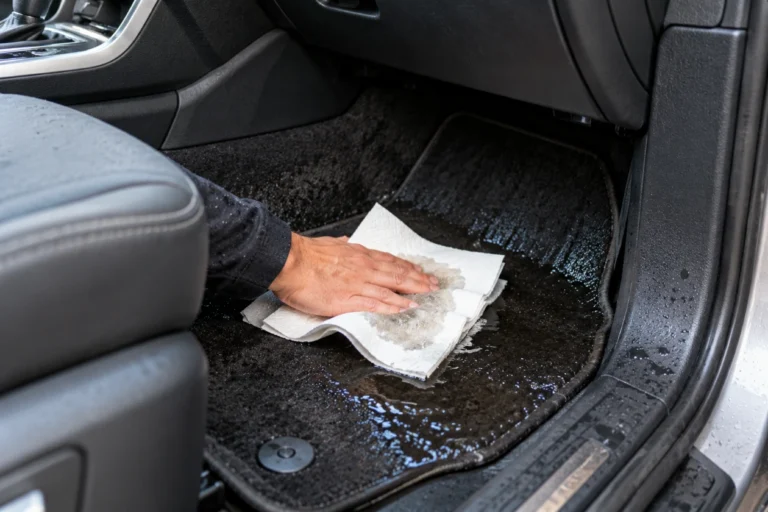 Hand pressing a paper towel into wet carpet on a car floor