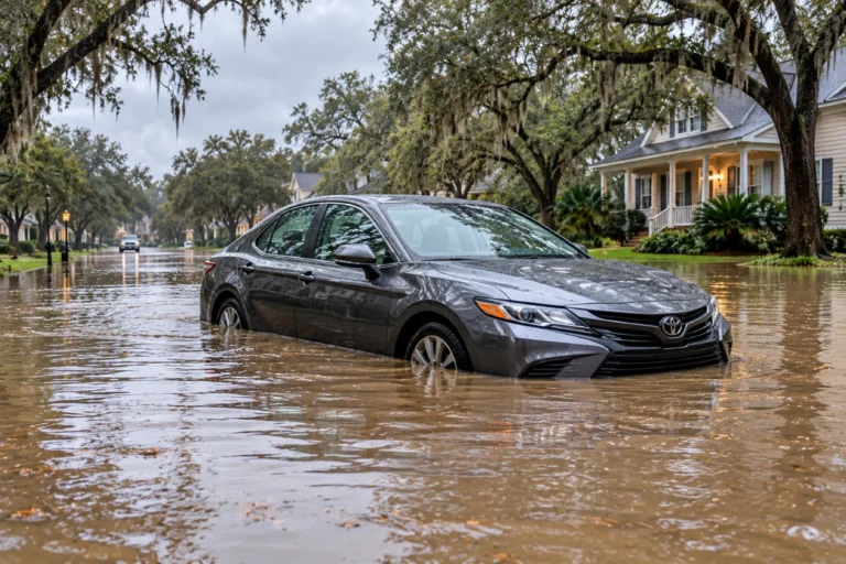 Sedan parked on a flooded residential street with water up to the doors