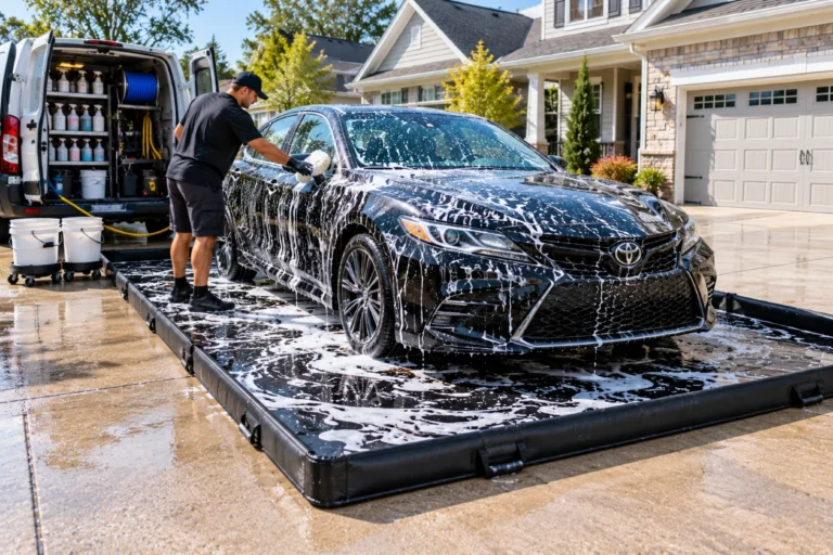 Car being foam washed on a water containment mat in a driveway