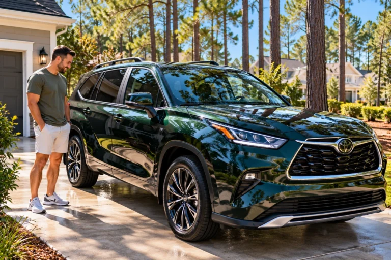 New dark green SUV parked in a driveway under tall pines