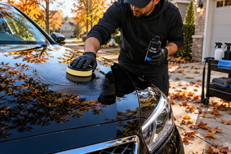 Detailer applying paint sealant to a car hood with a foam applicator in autumn