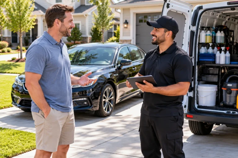 Homeowner talking with a detailer beside a work van in a driveway