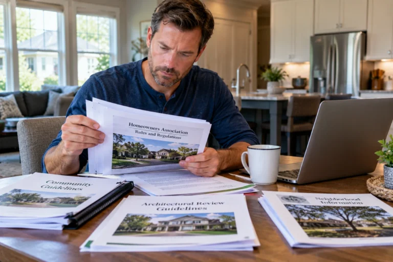 Homeowner reading neighborhood association documents at a kitchen table