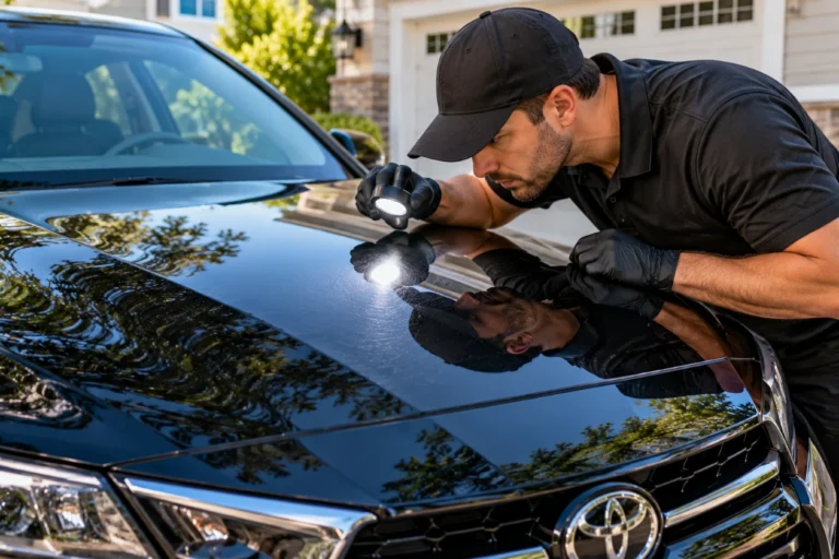 Detailer inspecting black car paint with a handheld light
