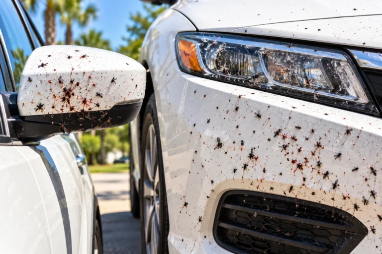Lovebug splatter on the mirror and bumper of a white car