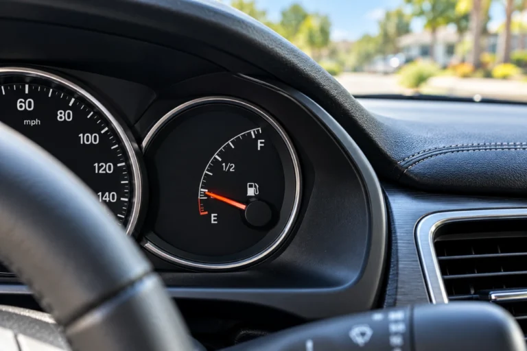 Car fuel gauge showing about a quarter tank
