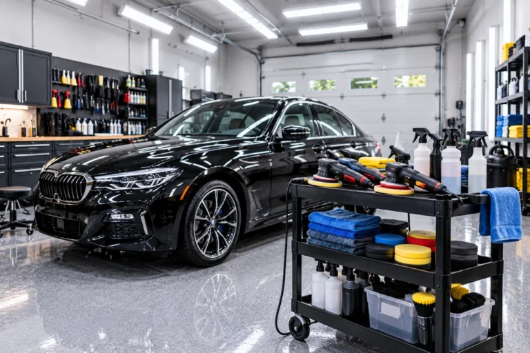 Indoor detail shop bay with bright lights and a polishing cart