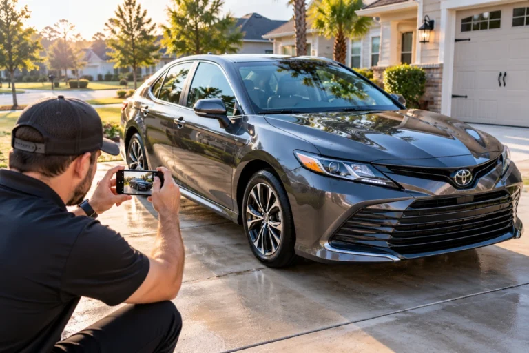 Person photographing a clean gray sedan with a phone in a driveway