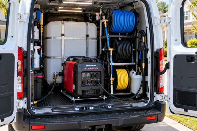 Water tank, generator and hose reels inside the back of a detailing van
