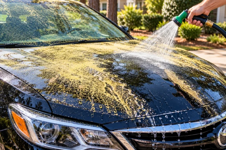 Garden hose rinsing yellow pine pollen off a black car hood