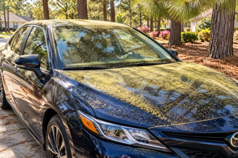 Dark blue car dusted with yellow pine pollen under pine trees