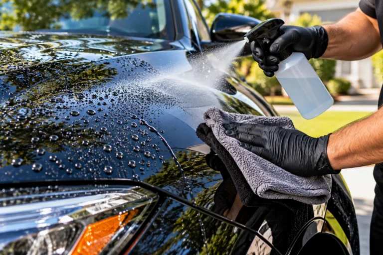 Spray sealant being misted onto a wet car panel and wiped with a microfiber towel