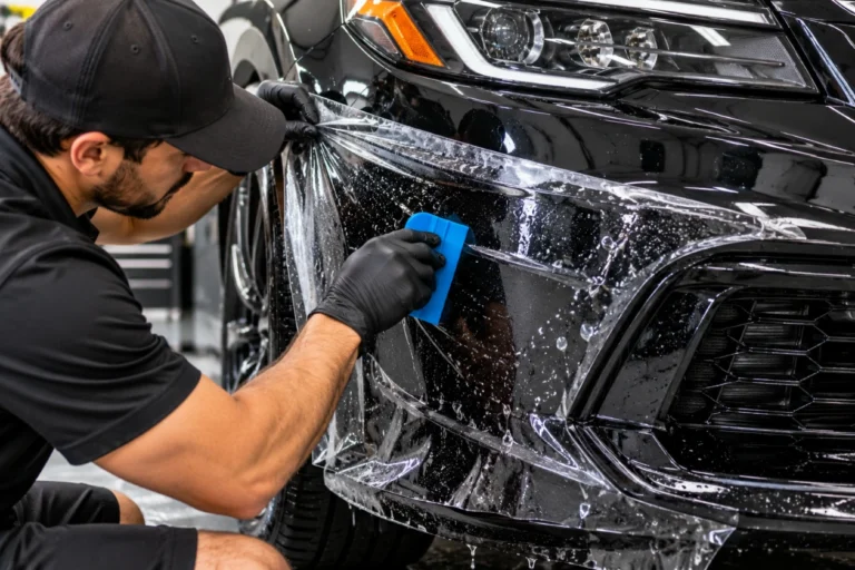 Installer smoothing clear paint protection film onto a front bumper