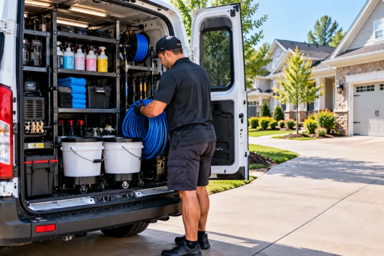 Detailer coiling a hose and packing up a work van in a neighborhood
