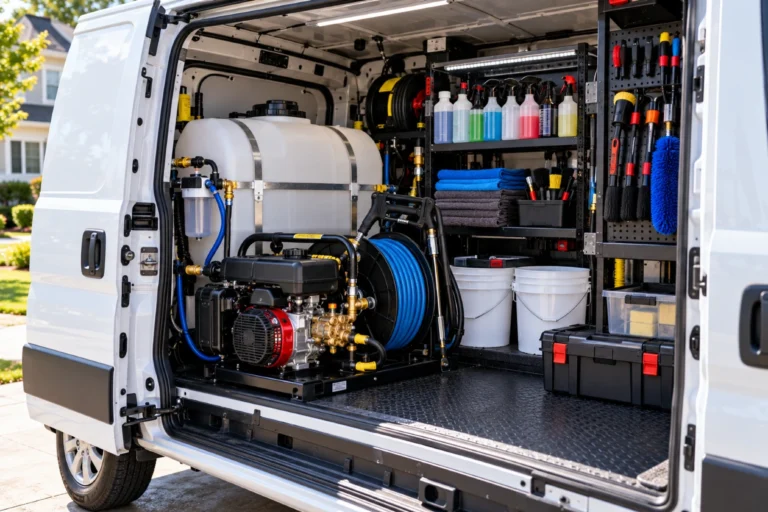 Open detailing van showing a water tank, pressure washer and supplies