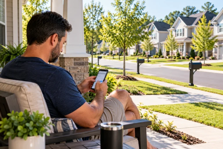 Homeowner on a front porch typing a message on a phone