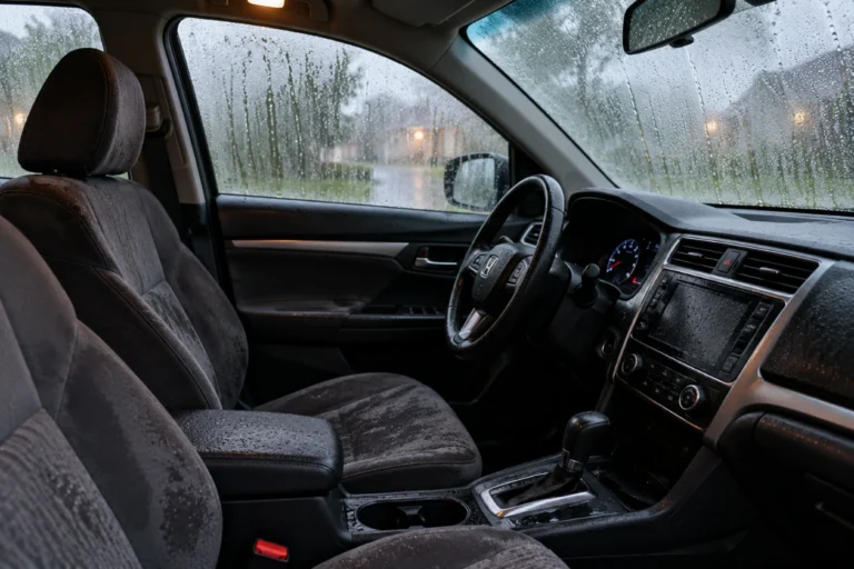 Damp car interior with fogged windows on a humid rainy day