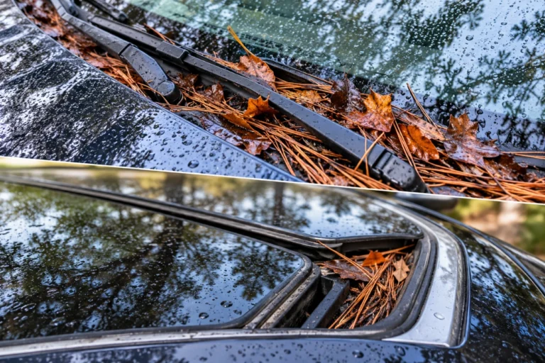 Pine needles and leaves packed at the base of a windshield and in a sunroof drain
