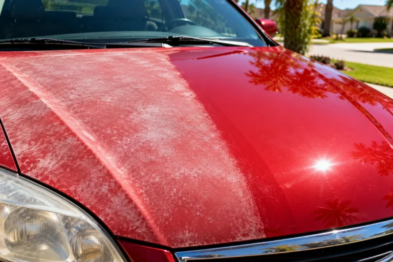 Faded, oxidized red car hood next to a glossy section
