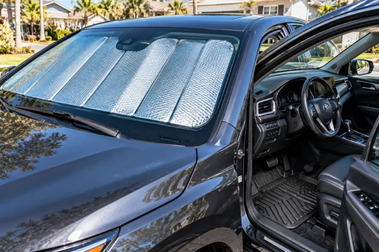 Windshield sunshade in place and rubber floor mats inside a parked car