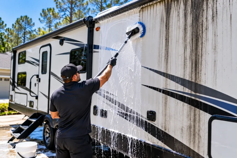 Detailer washing a travel trailer with black streaks using a long handled brush