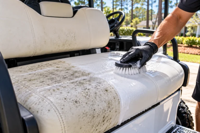 Brush scrubbing mildew off a white vinyl golf cart seat