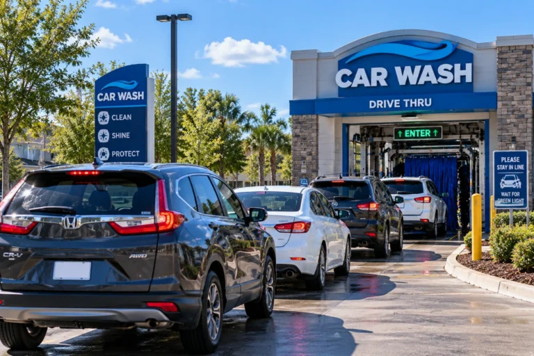 Line of cars waiting at the entrance of a drive through car wash